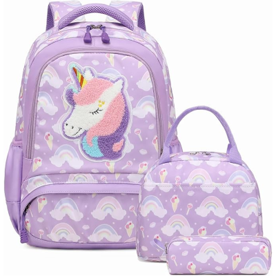 Conjunto roxo de mochila, estojo e bolsa com padrão de arco-íris e unicórnio de lantejoulas