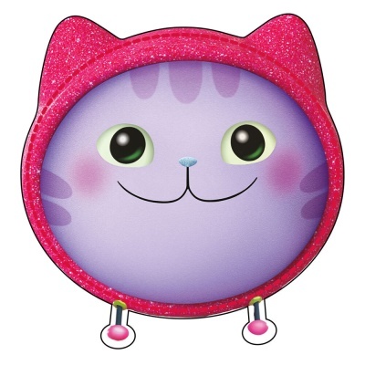 Cabeça de gato roxa com capuz rosa brilhante.