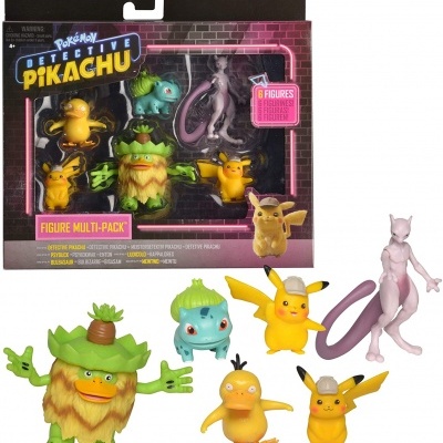 Pack figuras Pokémon Detective Pikachu com 6 personagens plásticas coloridas e embalagem preta com rosa