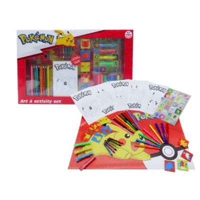 Conjunto de arte e atividades Pokémon com materiais de desenho e pintura numa caixa vermelha