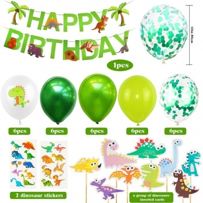 Decoração de aniversário com tema de dinossauros em verde e branco, balões, faixas, autocolantes e cartões coloridos