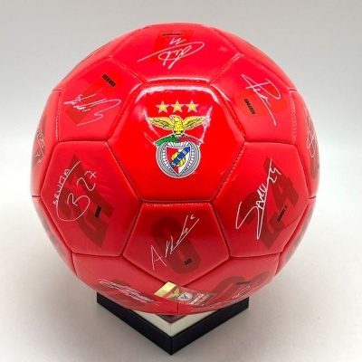 bola de futebol vermelha com escudo SL Benfica e assinaturas brancas
