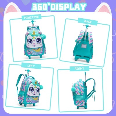 Mochila mala de unicórnio colorida com rodas e alça retrátil vista de vários ângulos