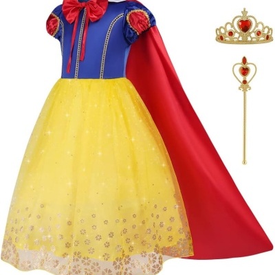 Vestido de princesa infantil azul, amarelo e vermelho com capa, diadema e cetro