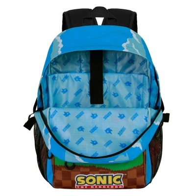 Mochila azul com estampa do Sonic e interior azul claro com logos.