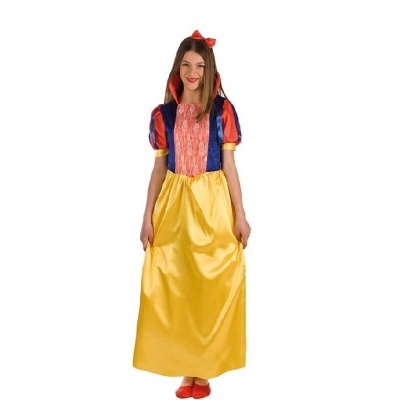 Vestido de fantasia inspirado na Branca de Neve para adulto com saia amarela e parte superior azul e vermelha