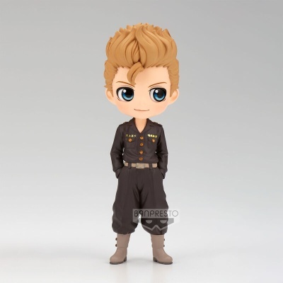 Figura colecionável de personagem masculino com fato preto e cabelo loiro