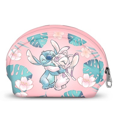Bolsa rosa com fecho e ilustração de Stitch e Angel abraçados
