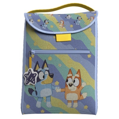Mochila infantil azul com personagens de desenho animado caninos e fecho em zíper