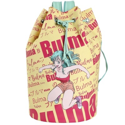 Mochila saco amarela com personagem anime e texto Bulma em vários estilos