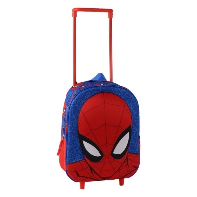 Mala de rodas infantil Homem-Aranha vermelha e azul com desenho da cara do personagem.