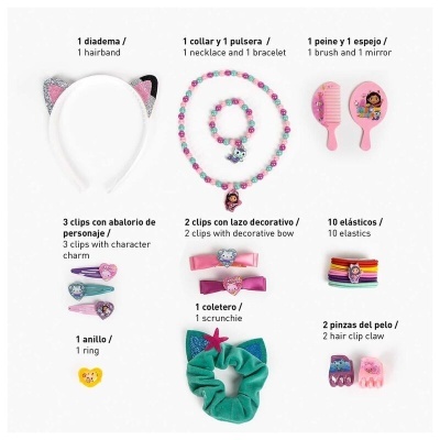 Conjunto de acessórios coloridos para crianças, incluindo diadema, colar, pulseira, escova, espelho, clips, scrunchie, elásticos e anel.