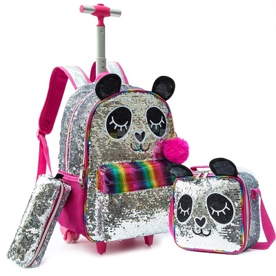 Conjunto de mochila com rodas, lancheira e estojo com design de panda em lantejoulas prateadas e detalhes cor-de-rosa.