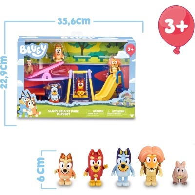 Conjunto de brinquedos Bluey Deluxe Park Playset com figuras e acessórios em embalagem colorida