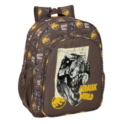 Mochila castanha com padrão Jurassic World e dinossauro T-Rex