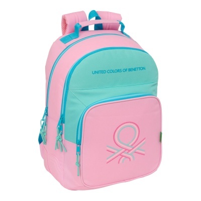 Mochila rosa e azul com texto UNITED COLORS OF BENETTON no bolso