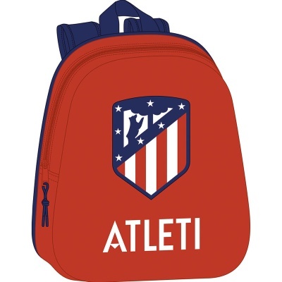 Mochila vermelha e azul com emblema do Atlético de Madrid e texto ATLETI