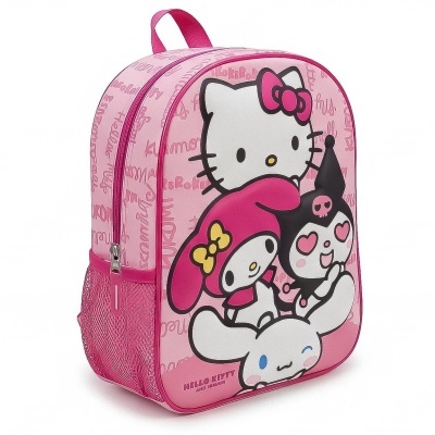 mochila infantil rosa com personagens Hello Kitty e amigos
