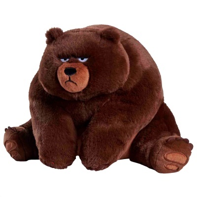 Urso de peluche castanho escuro sentado com expressão triste