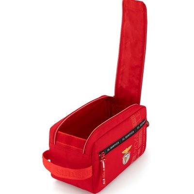 Necessaire vermelha com emblema do SL BENFICA e texto, tampa aberta