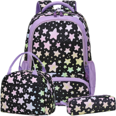 Conjunto de mochila, bolsa e estojo com padrão de estrelas coloridas