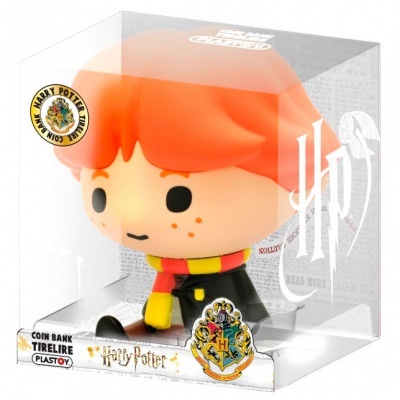 Figura colecionável de plástico de Harry Potter com cabelo laranja e cachecol da Grifinória em embalagem transparente