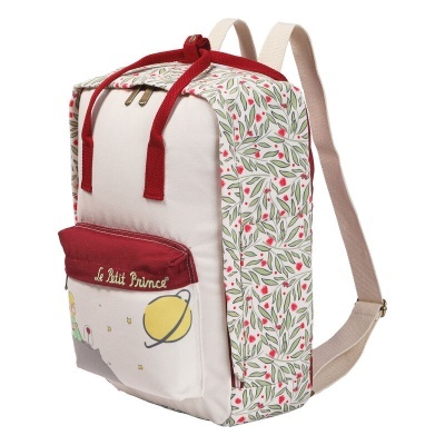 Mochila bege e vermelha com estampa floral e bolso frontal bordado Le Petit Prince
