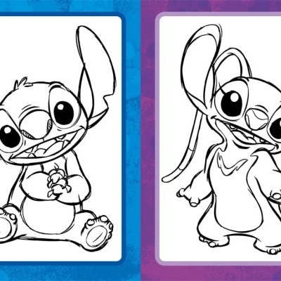 Desenhos para colorir de Stitch e Angel em papel com nomes dos personagens