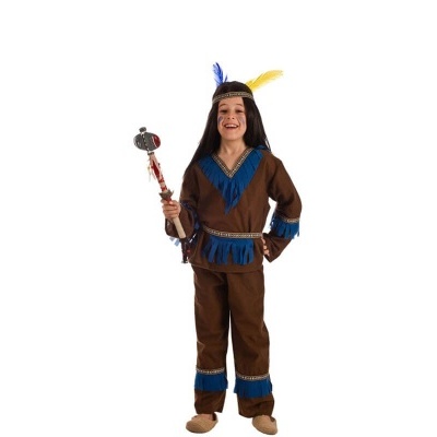 Fato tradicional castanho com franjas azuis para criança