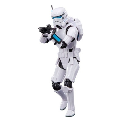 Figura de ação Stormtrooper com armadura branca e detalhes em preto e azul
