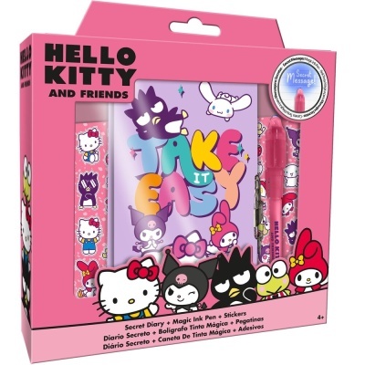 Conjunto diário secreto Hello Kitty and Friends rosa com caneta mágica e autocolantes