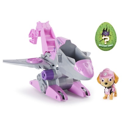 Brinquedo avião cinzento e rosa com figura de cão e etiqueta MYSTERY DINOC
