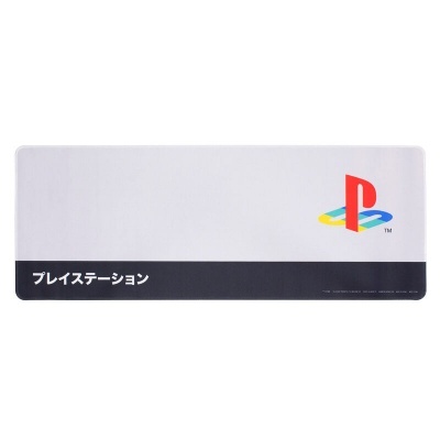 Tapete branco com logo colorida e texto em japonês da PlayStation