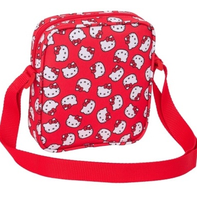 Mala pequena vermelha com padrão de cabeça de gato e alça longa