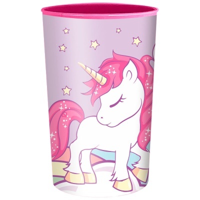 Lata cilíndrica com desenho de unicórnio branco e crina cor-de-rosa