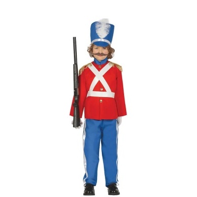 Fato de soldado da guarda real com casaco vermelho, calças azuis e chapéu azul com penacho branco