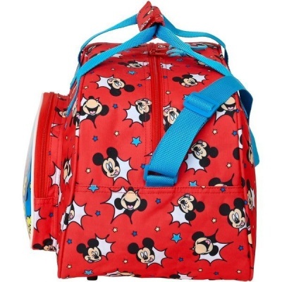 Mala vermelha com padrão do Mickey Mouse e alças azuis
