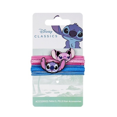 Conjunto de elásticos para cabelo Disney com personagens Stitch em rosa e azul na embalagem