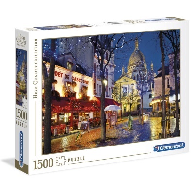 Caixa de puzzle Clementoni 1500 peças com imagem de rua noturna e igreja ao fundo