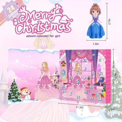 Calendário do Advento rosa para meninas com princesa e temática de Natal.
