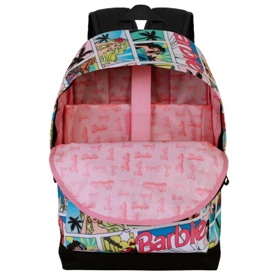 Mochila Barbie colorida com interior rosa e padrão interno repetido.