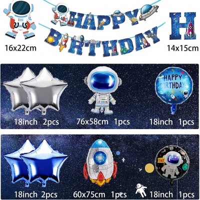 Balões decorativos de festa com tema espacial e texto HAPPY BIRTHDAY.
