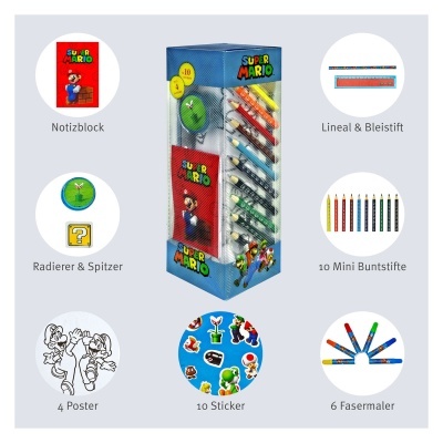 Conjunto Super Mario com material escolar e posters sobre fundo cinza.