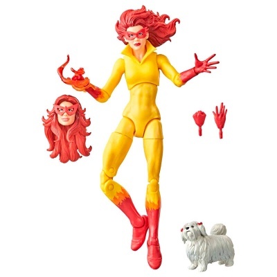 Figura de ação feminina amarela com cabelo vermelho e acessórios extras