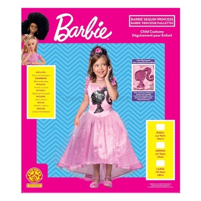 Vestido rosa brilhante para criança com estampa Barbie e tiara, embalagem rosa Barbie