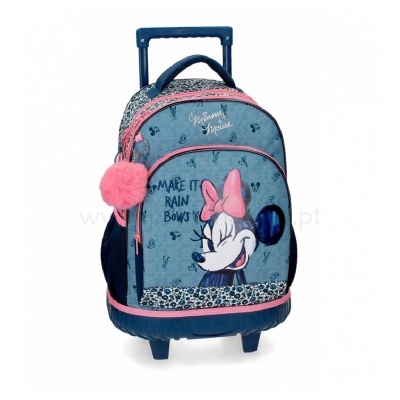 Mochila de rodas azul com Minnie Mouse e laço rosa
