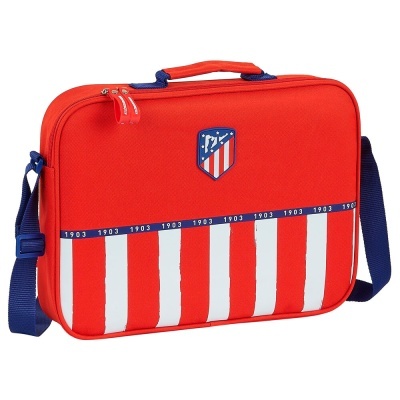 Pasta vermelha com alça azul e estampas brancas verticais com logotipo Atlético de Madrid
