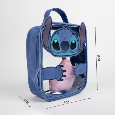 Mala de transporte azul com parte transparente e personagem Stitch