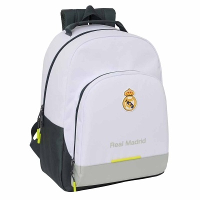 Mochila branca e cinzenta com emblema e texto Real Madrid