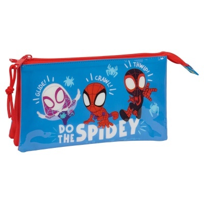 Estojo escolar azul com desenho do Homem-Aranha e fecho vermelho.